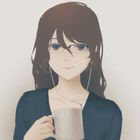 Cartoon image of a woman with earbuds in holding a mug